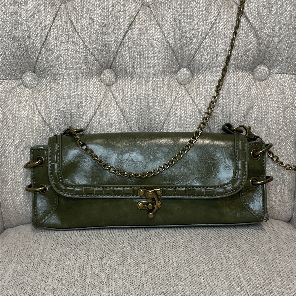Olive Green Vegan Leather Chain Shoulder Bag